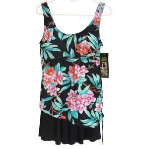 Nwt LEO LEVINE Shore Shapes Black w/ Multi One-Piece Swimwear Swimdress Women 12